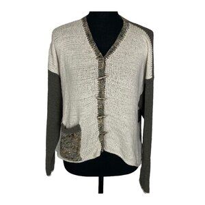 Vtg ANI BARRIE Women Toggle Buttons Sweater 3/4 Sleeve V Neck Sz M Cream 58-16